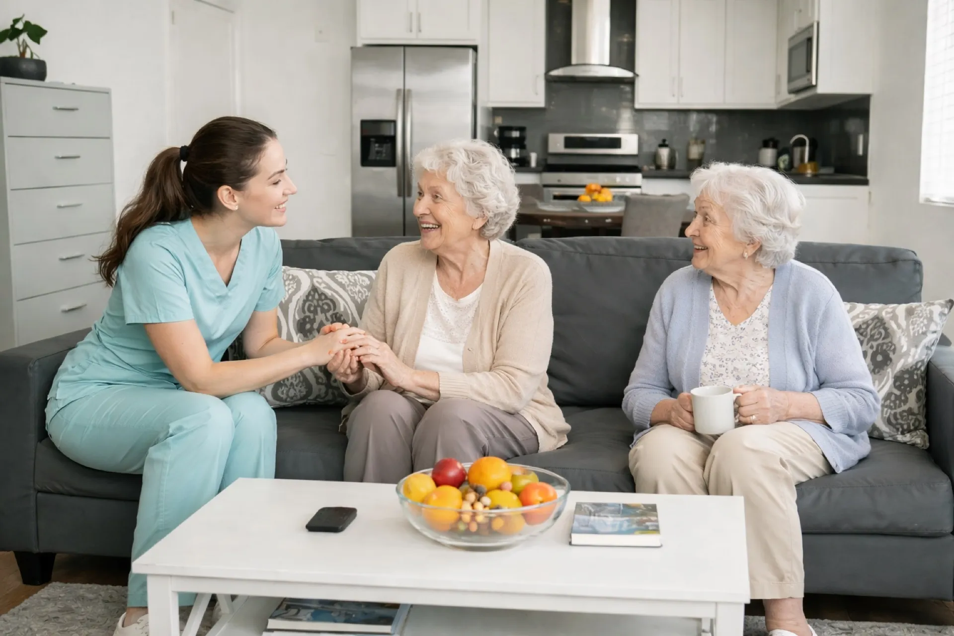 Caregiver and resident in conversation in the living room at Leadwell